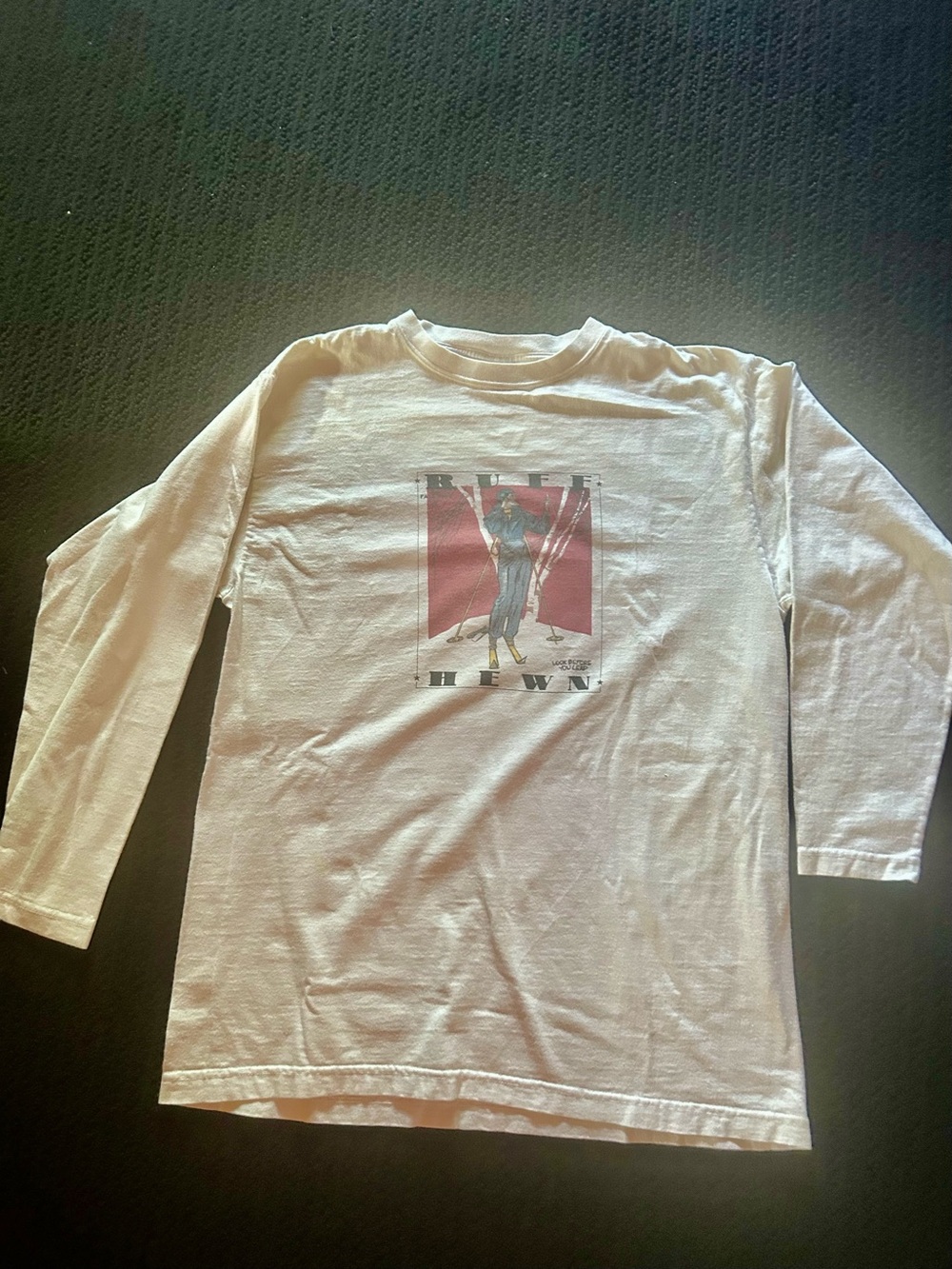 Vintage Ruff Hewn White Long-Sleeve with Ski Graphics " Look before you Leap "